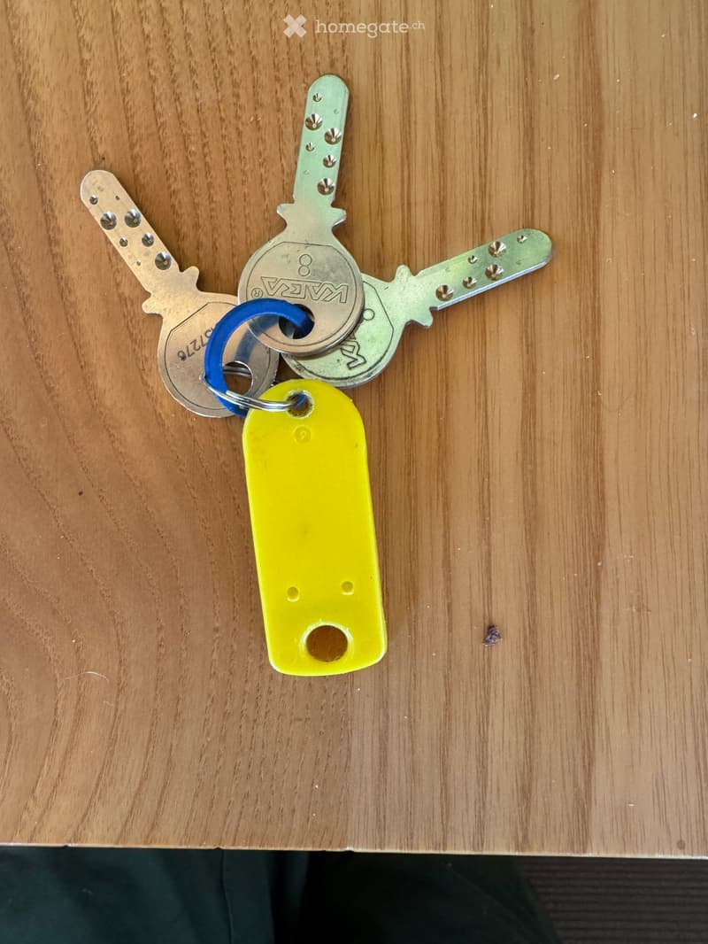 Set of keys including a key tag on a wooden surface.