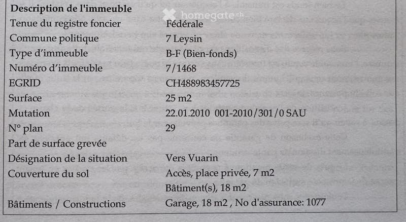 Property details including federal land registry, political commune, property type, number, EGRID, surface area, mutation date, plan number, covered surface area, location designation, ground coverage, and building information including a garage.
