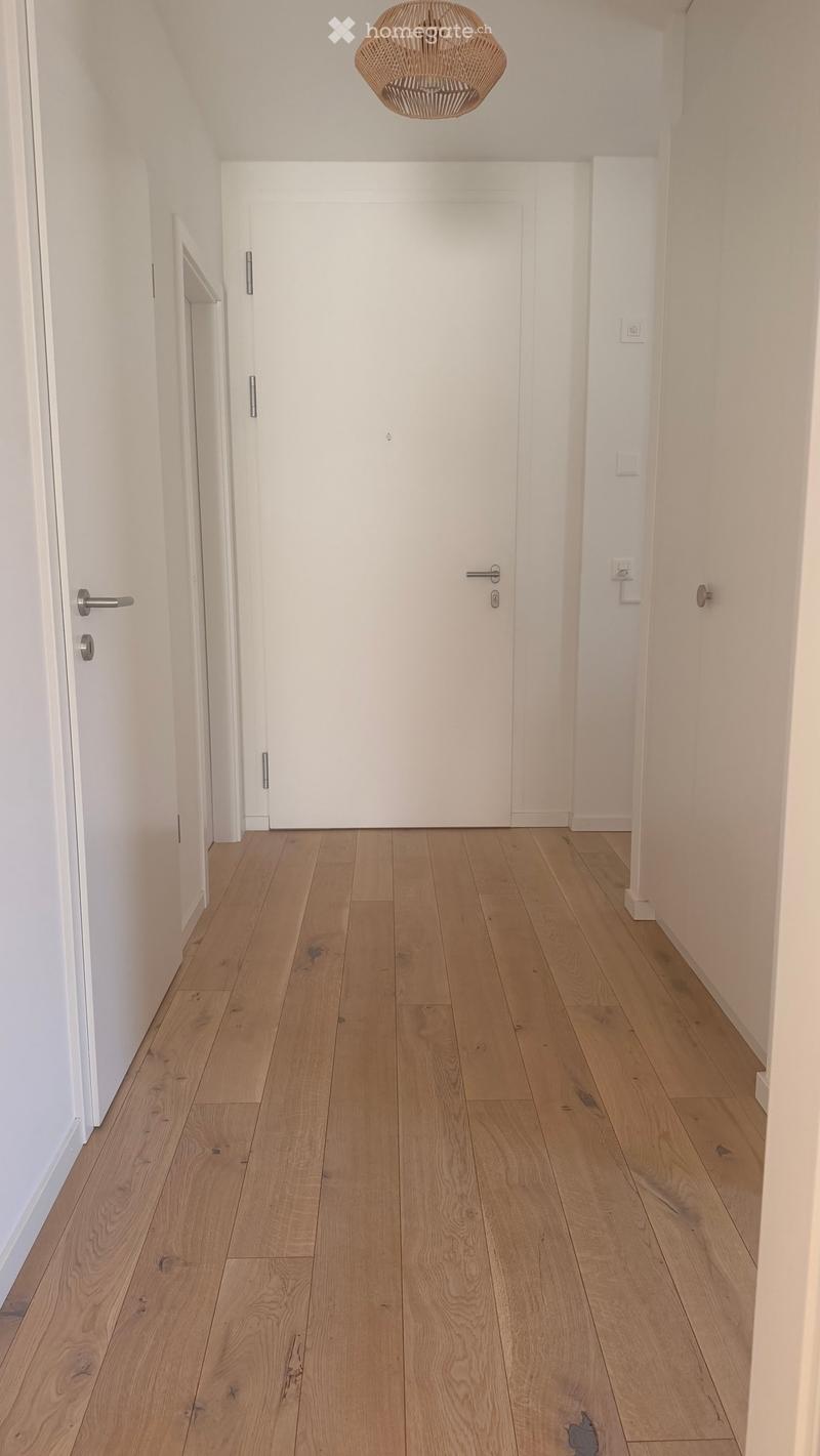 A clean, minimalist hallway with light wooden flooring, white walls, and a central pendant light fixture. Two white doors are visible, one on each side.