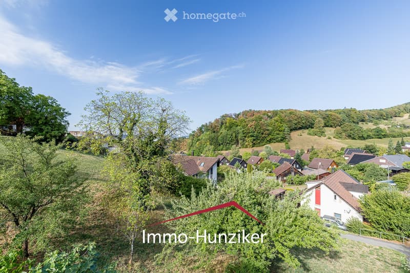 Aerial view of a residential area with multiple houses, surrounded by lush green trees and hills under a clear blue sky.