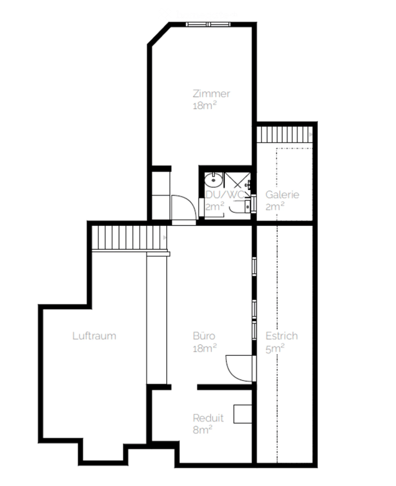 Floor plan showing a room labeled "Zimmer" (18m²), a "LUFT RAUM" (air space), a "BÜRO" (office, 18m²), a "REDUIT" (8m²), a "Galerie" (gallery, 2m²), a "DU/WC" (2m²), and an "ESTRICH" (5m²).