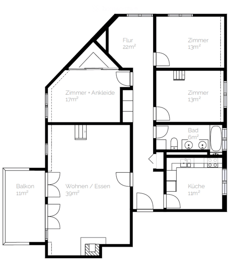 Floor plan showing a living/dining area, kitchen, two bedrooms, bathroom, hallway, and balcony.