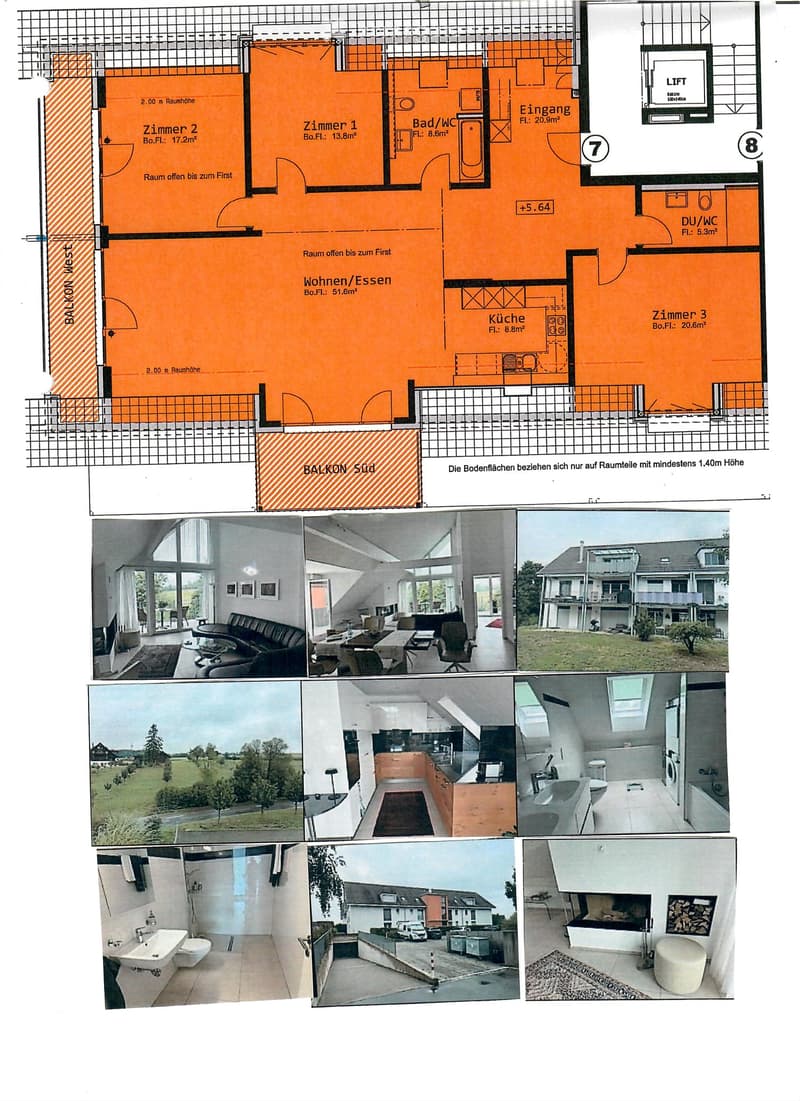 Floor plan of a 3-room apartment with living/dining area, kitchen, 3 bedrooms, 2 bathrooms, and a balcony.