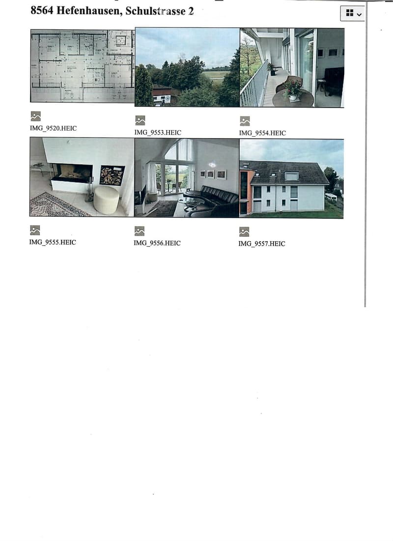 Property listing for 8564 Hefenhausen, Schulstrasse 2, showing floor plan, exterior view, balcony, living room, and garden area.