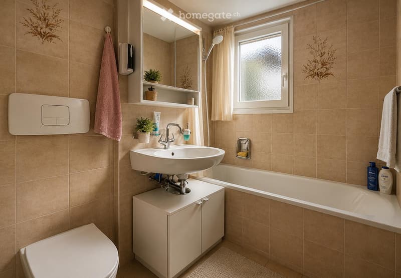 Modern bathroom with beige tiles, a white sink with a chrome faucet, a large mirror with built-in shelves, a bathtub, a toilet, and a window with a curtain. There are towels, a small plant, and toiletries visible.