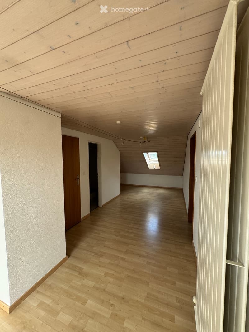 Empty hallway with wooden flooring, white walls, and exposed wooden ceiling beams. Features a skylight at the far end and a wooden door on the left.