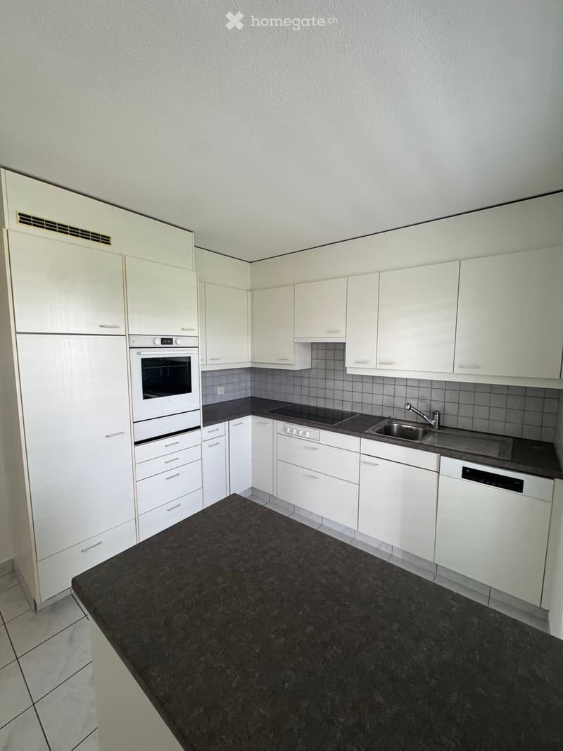 Modern kitchen with white cabinets, dark granite countertop, built-in oven, sink with faucet, and dishwasher.