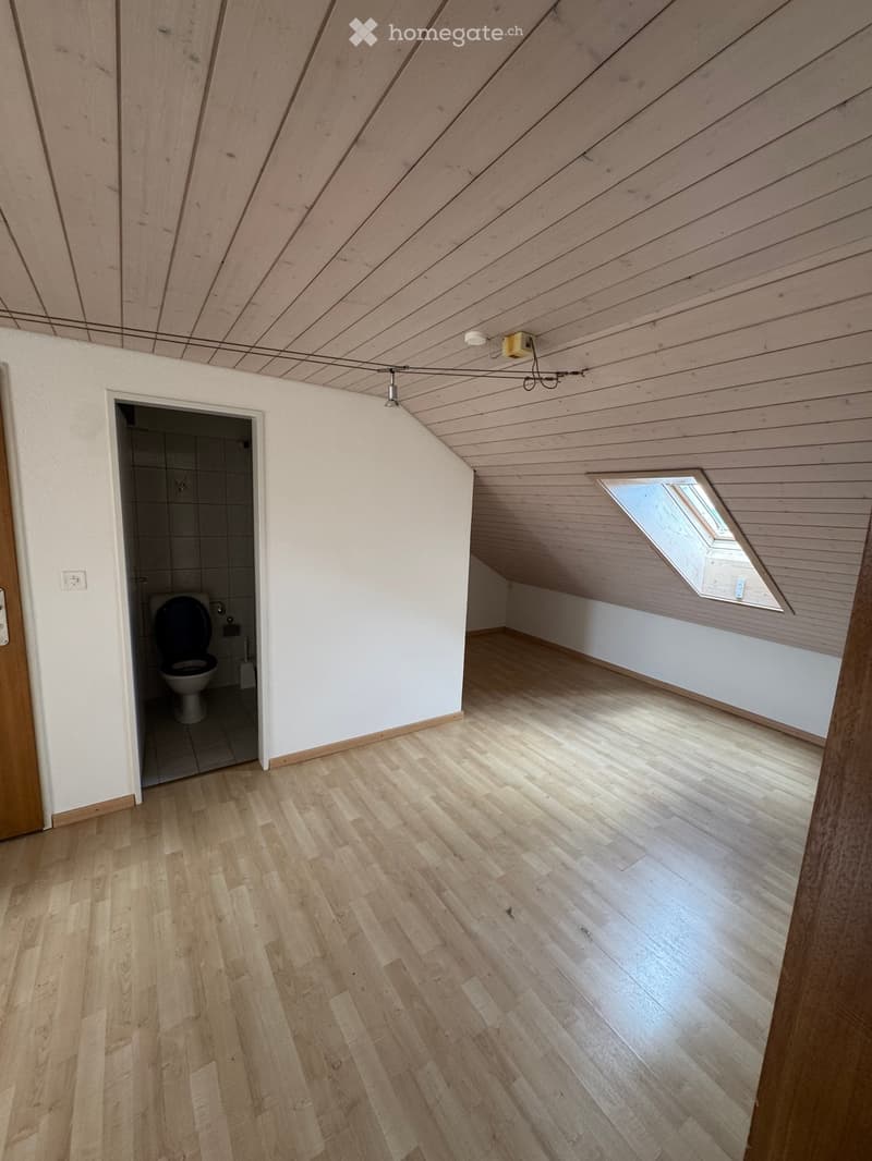 An attic room with wooden flooring, slanted wooden ceiling, and a skylight window. A small bathroom is visible through an open doorway.