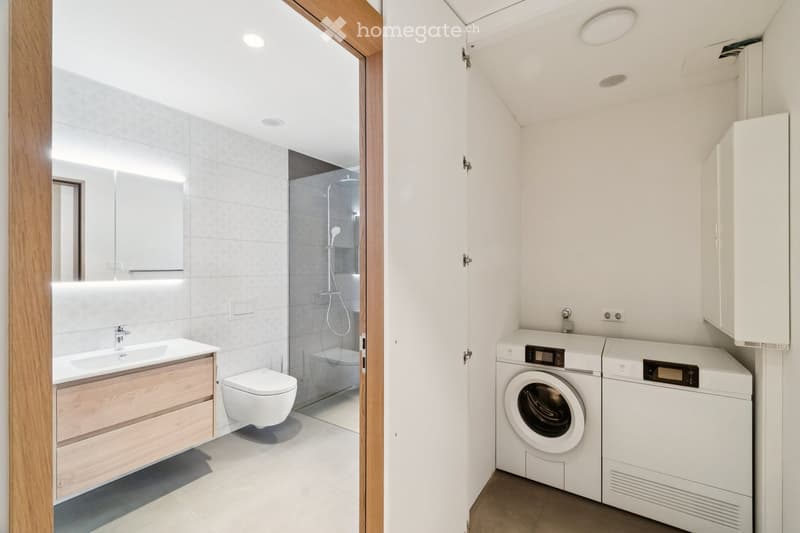 Bathroom with shower, toilet, washbasin, modern tile, wooden vanity, and built-in washing machine
