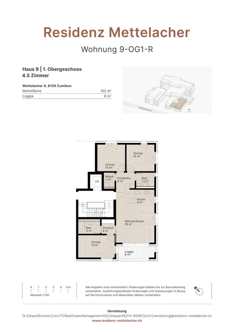 Floor plan of a 4.5-room apartment on the first upper floor, including living/dining area, kitchen, two bedrooms, two bathrooms, hallway, and loggia.