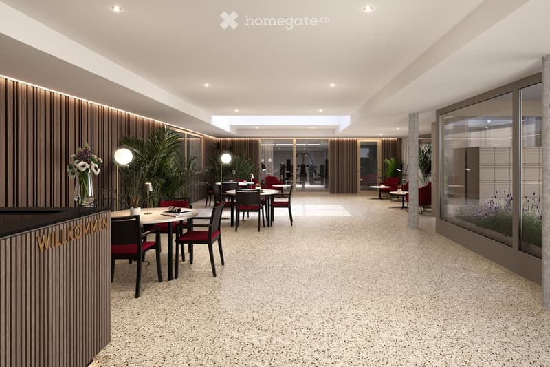 tables and chairs, reception desk, flowers, lights, plants, glass doors, windows