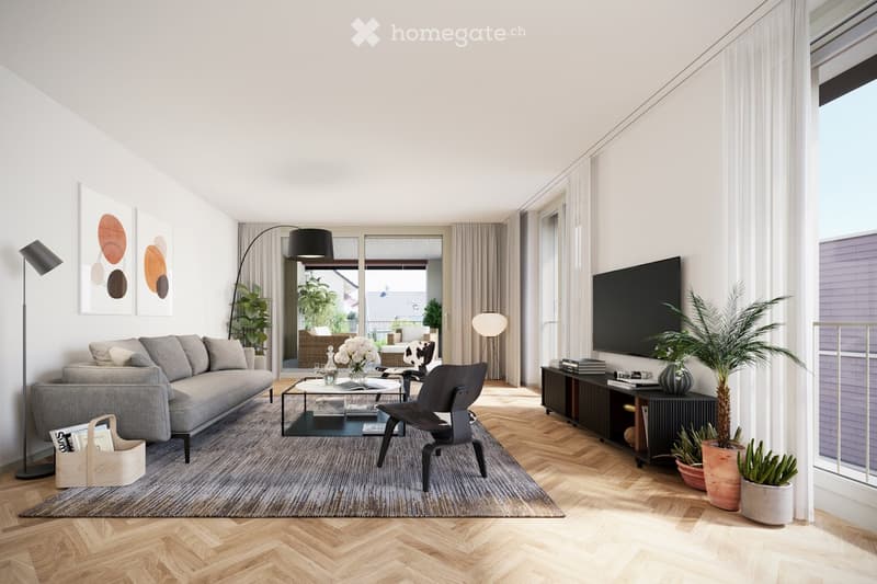 Living room with wooden floor, sofa, coffee table, side table, TV, lamp, potted plants, rug, picture frames, and decorative items