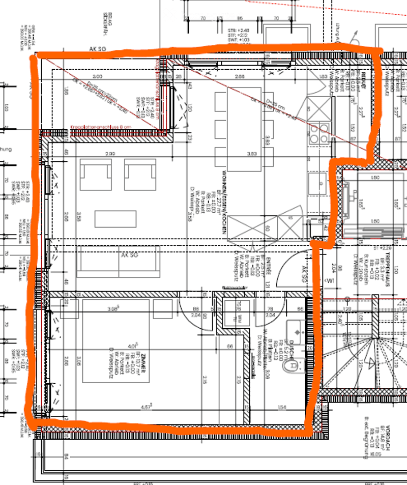 Floor plan of a multi-story building with labeled rooms, dimensions, and structural details. Includes living areas, bedrooms, bathrooms, and utility spaces.