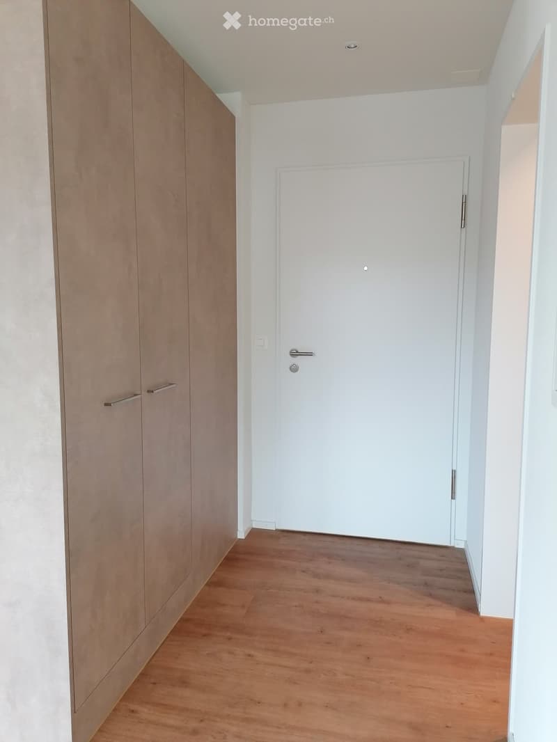 Empty hallway with wooden flooring, white walls, and a closed white door at the end.