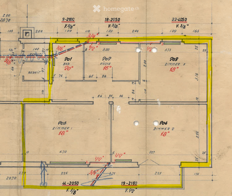 Floor plan of a house with labeled rooms including a kitchen, living room, bedrooms, and bathrooms. Dimensions and angles are marked.