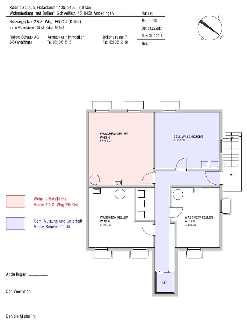 Floor plan of a 2.5-story apartment in Andelfingen, showing a shared kitchen, multiple utility rooms, and a lift.