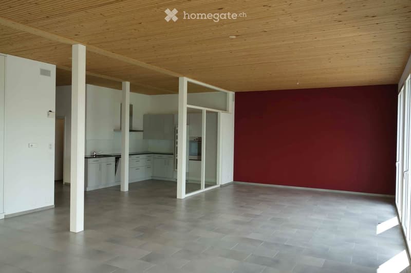 Open-plan living and kitchen area with a high wooden ceiling, grey tiled floor, white kitchen cabinets, and a red accent wall.