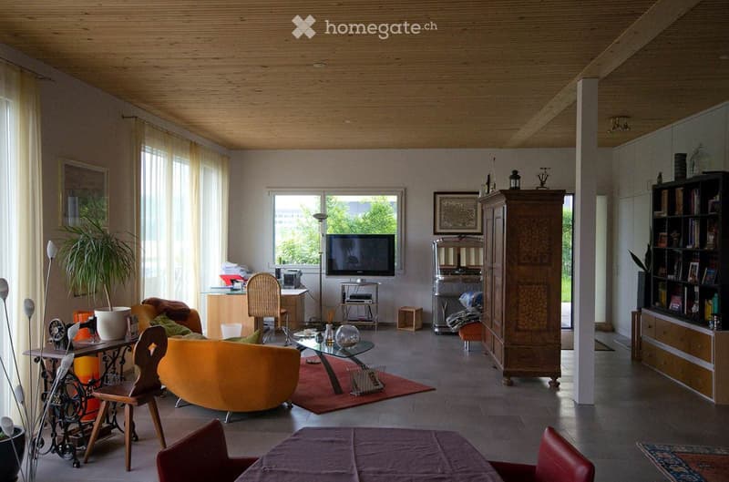 A well-furnished living room with a mix of modern and classic furniture, including a sofa, chairs, a glass coffee table, a television, a bookshelf, and a cabinet. The room features large windows with sheer curtains, a potted plant, and a cozy atmosphere.