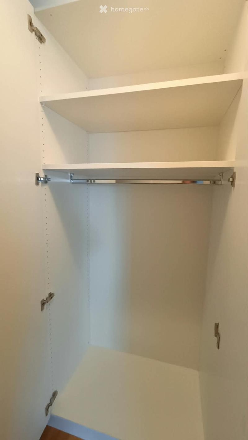 Empty closet with white walls, wooden floor, and built-in shelves and hanging rod.