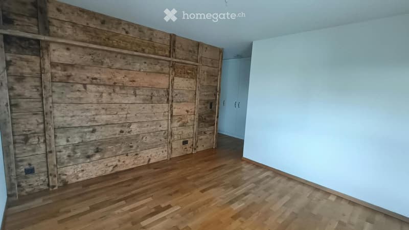 Empty room with wooden flooring and light blue walls, featuring a large wooden panel wall and a small closet with white doors.