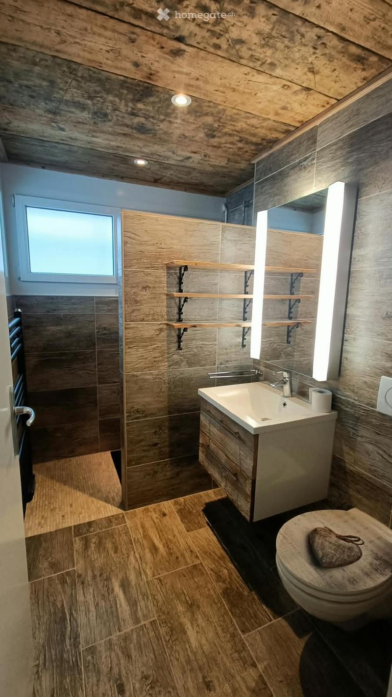 Modern bathroom with wooden walls and ceiling, featuring a sink, mirror, toilet, and wooden shelves.