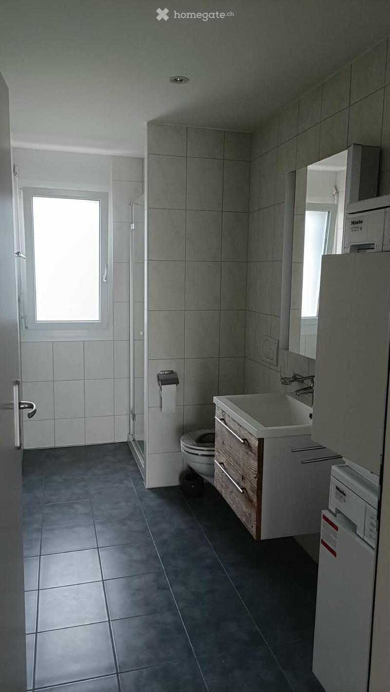 Modern bathroom with dark tiled floor, grey tiled walls, a wooden vanity with a sink, a toilet, a mirror, and a shower area with a glass door.