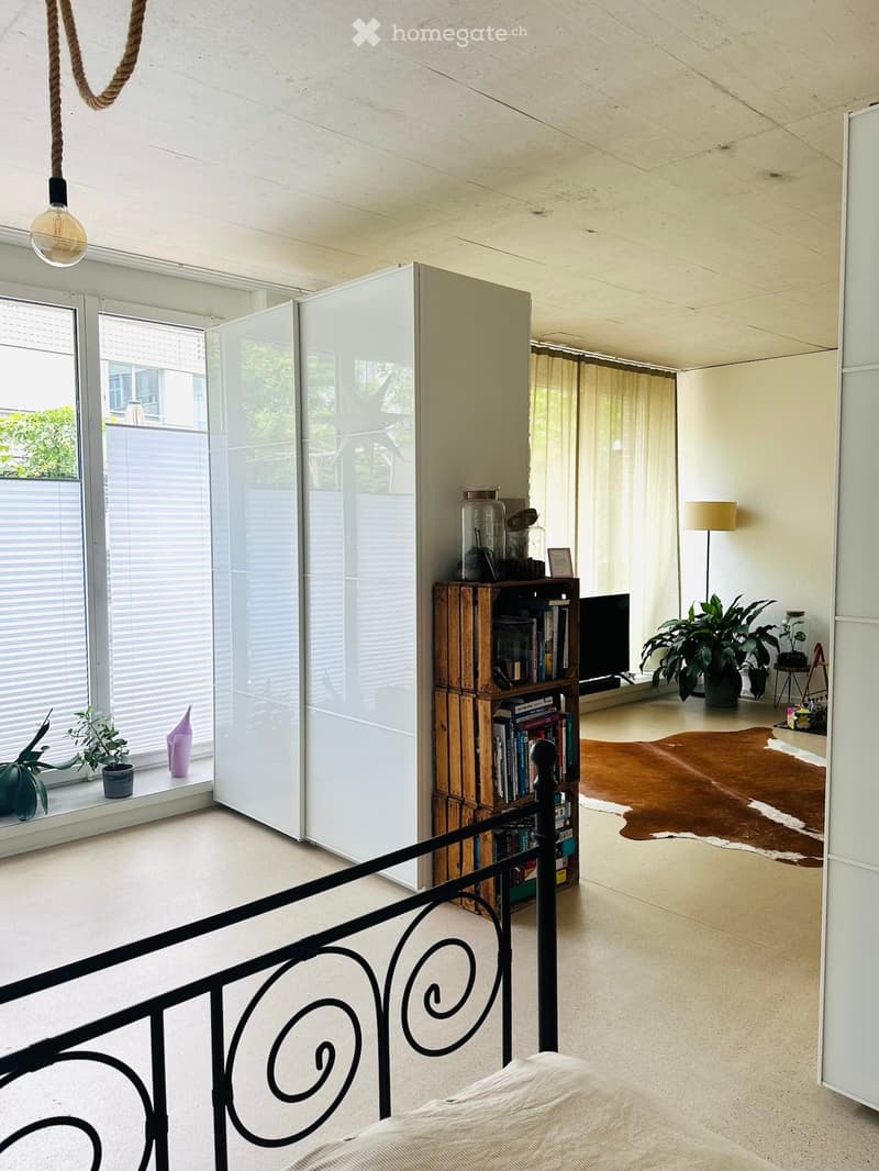 Modern, well-lit room with a bed, bookshelf, table, lamp, and plants. Features large windows with blinds, a sliding wardrobe, and a decorative rug.