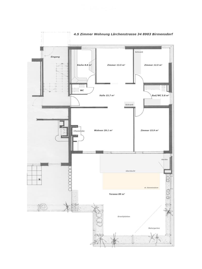 Floor plan of a 4.5-room apartment with labeled rooms including kitchen, living room, bedrooms, bathroom, hallway, and a terrace.