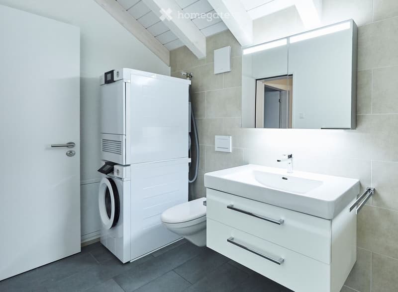 Modern bathroom with a white sink, mirror, cabinet, washing machine, and toilet. The space features a sleek design with a slanted ceiling and neutral tones.