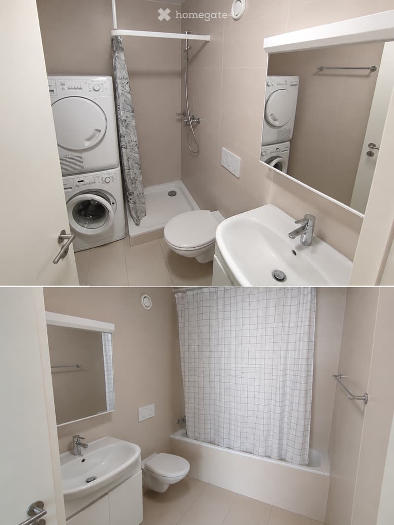 Compact bathroom with a toilet, sink, bathtub, shower, and washing machine. Features a modern design with light-colored tiles and a grid-patterned shower curtain.