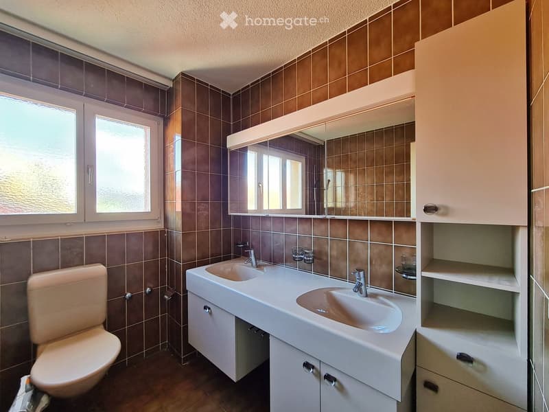 Bathroom with brown tiled walls, a white double sink, a toilet, and a large mirror above the sink. The room has a window providing natural light.