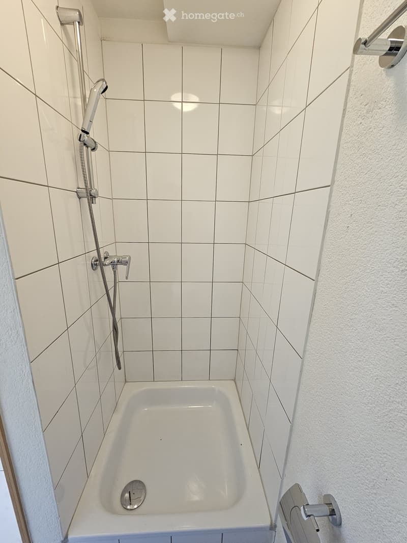 Modern bathroom with a white bathtub, tiled walls, and a handheld showerhead with a handheld shower hose.