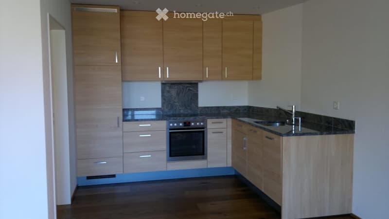 Kitchen. Modern kitchen with wooden cabinets, stainless steel oven, sink, and faucet. Dark countertops and light-colored flooring.