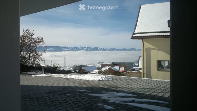 Balcony / Terrace. Roof terrace with snow patches, overlooking a snow-covered village and distant mountains under a clear blue sky.
