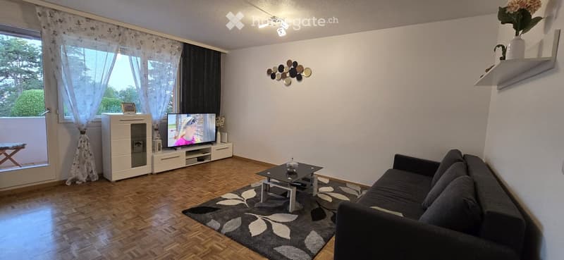 Modern living room with a grey sectional sofa, black coffee table, flat-screen TV, white shelving unit, and decorative wall art. Large windows offer a view of greenery outside.