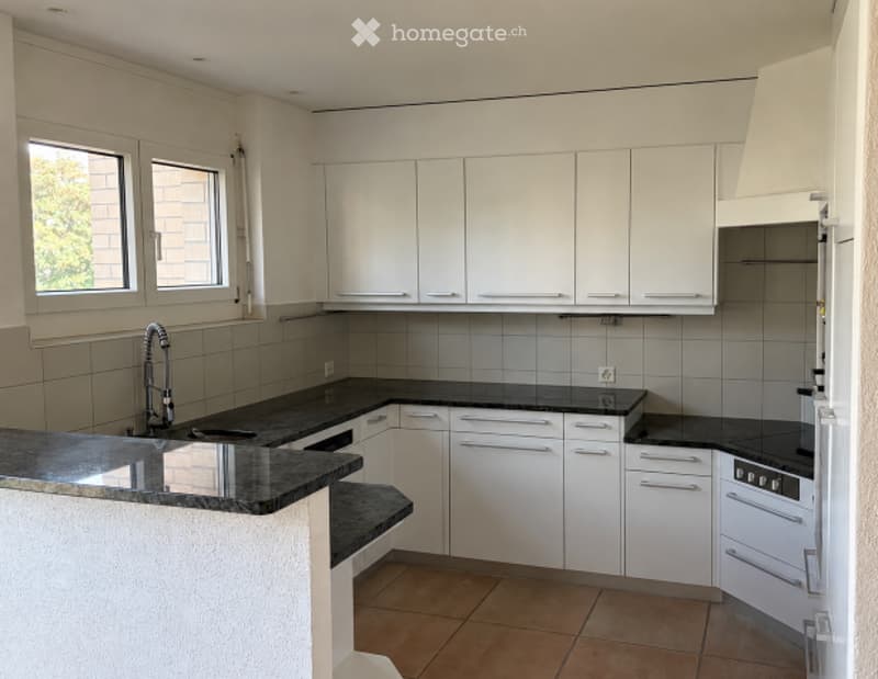 Modern kitchen with white cabinets, black countertops, and stainless steel appliances including a sink, oven, and refrigerator.
