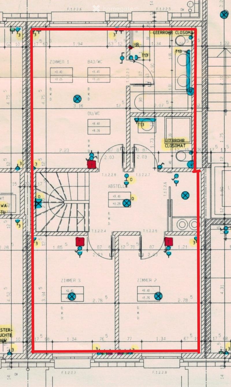 Floor plan showing multiple rooms including Zimmer 1, Zimmer 2, Zimmer 3, a bathroom, and a storage area. Dimensions and labels are provided for each room and hallway.