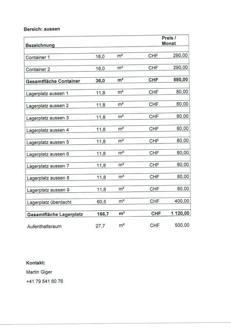 Floor plan showing outdoor containers and storage spaces with pricing details in CHF per month.