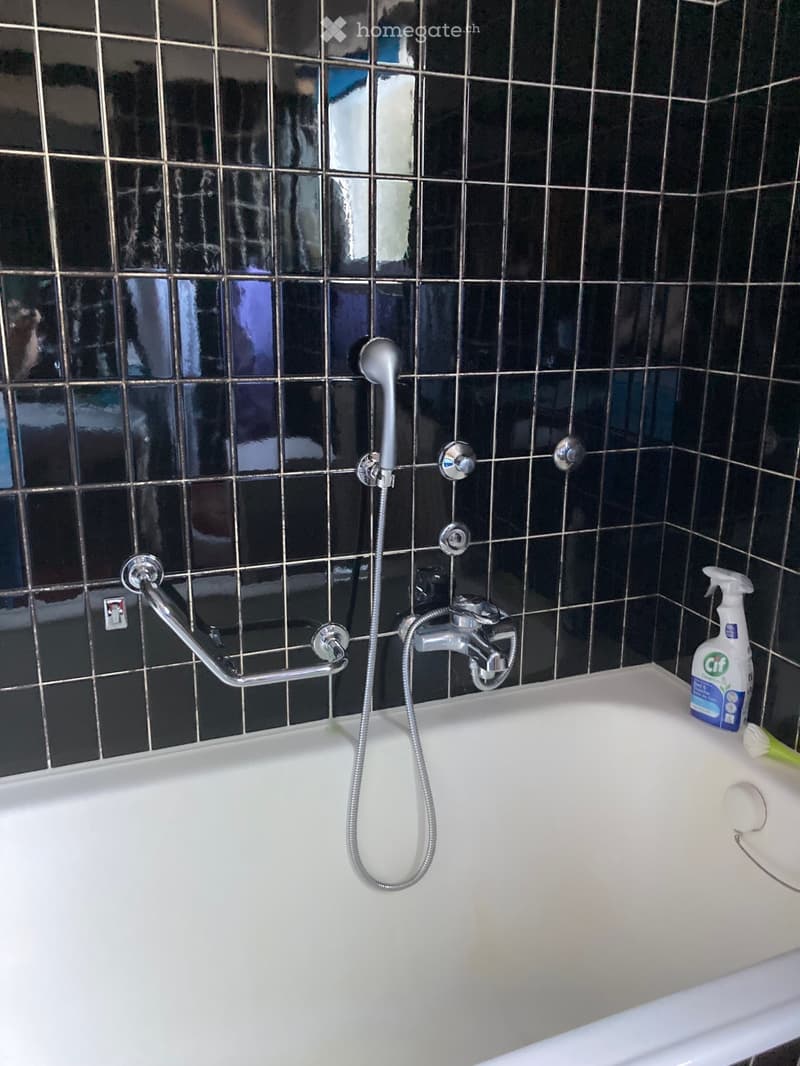 Bathtub with a handheld shower attachment and a handrail, black tiled walls, and a cleaning bottle on the edge.