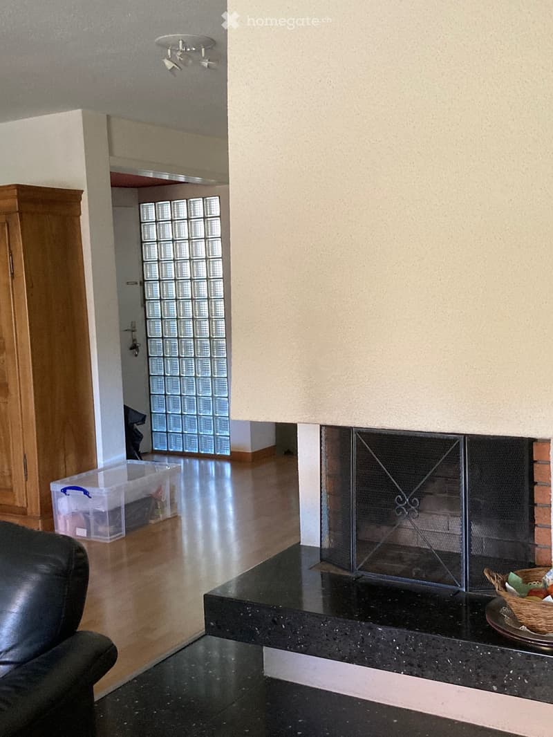 Living room with a fireplace, black leather sofa, storage box, and a basket on the floor.