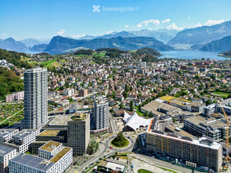 Aerial view of a cityscape with modern buildings, green spaces, and a scenic lake and mountain backdrop.