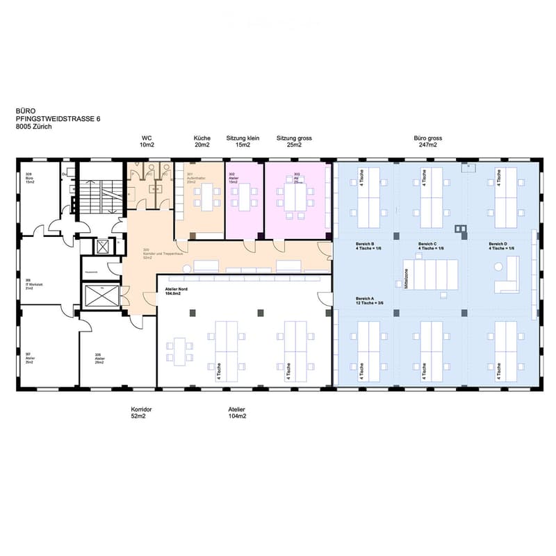 Office floor plan with multiple rooms including kitchen, small and large meeting rooms, large office space, and several workstations.