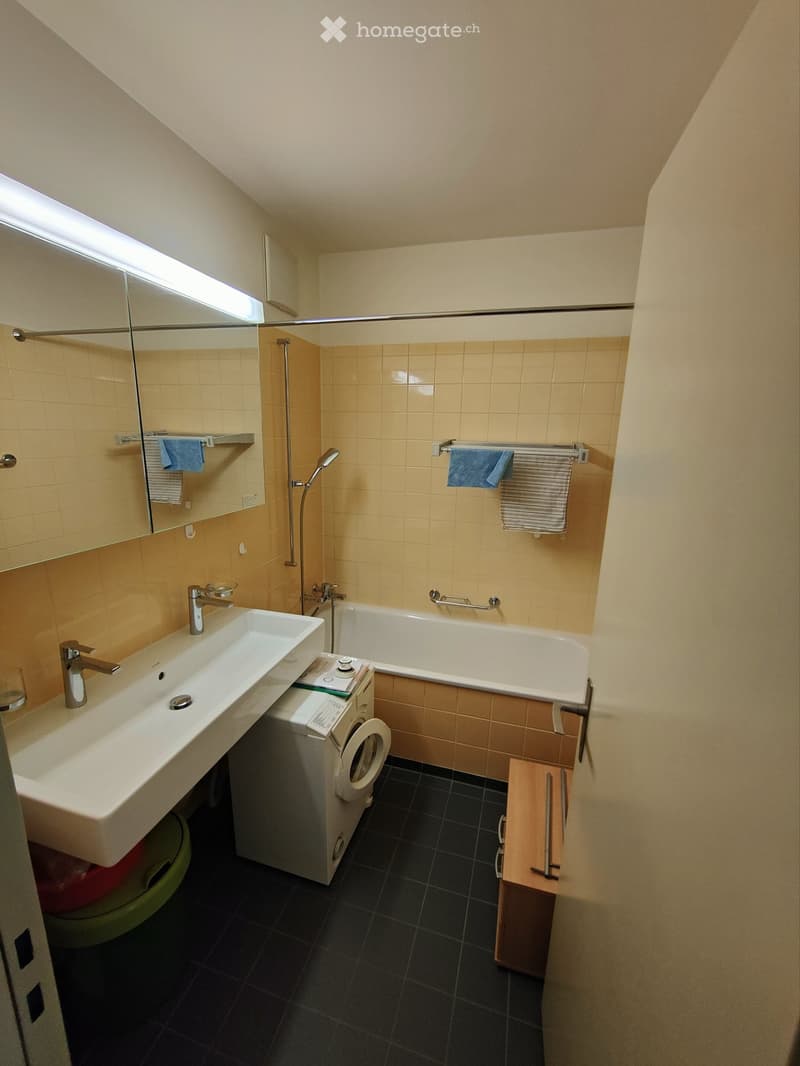 Modern bathroom with a white sink, bathtub, mirror, towel rack, and a small washing machine tucked under the sink.