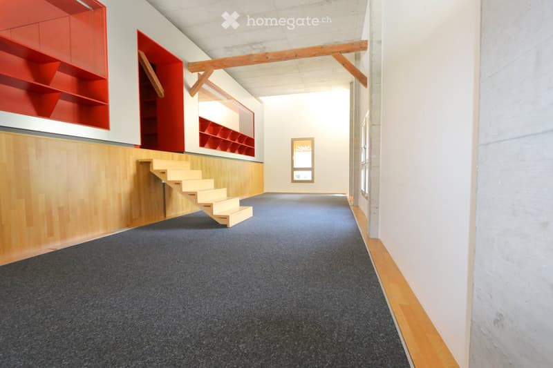 Modern hallway with wooden staircase, red shelving units, and carpeted floor.