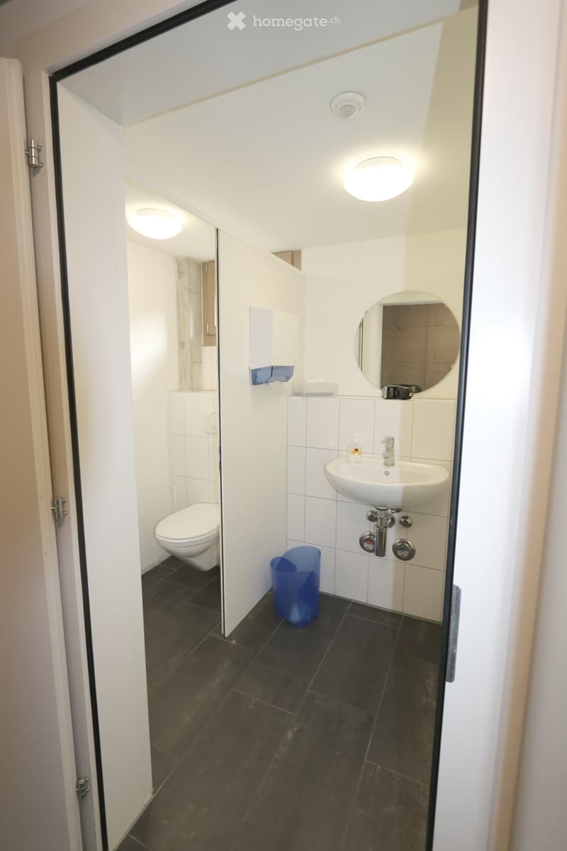 Modern bathroom with white tiles, dark floor, toilet, sink, mirror, and a small trash can.