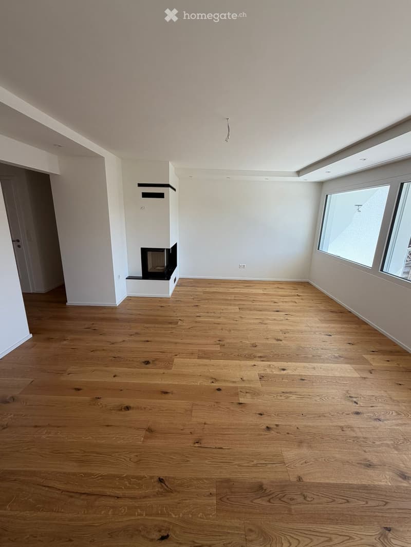 Empty room with light wooden flooring, white walls, and a built-in fireplace. Large windows and skylights provide natural light.