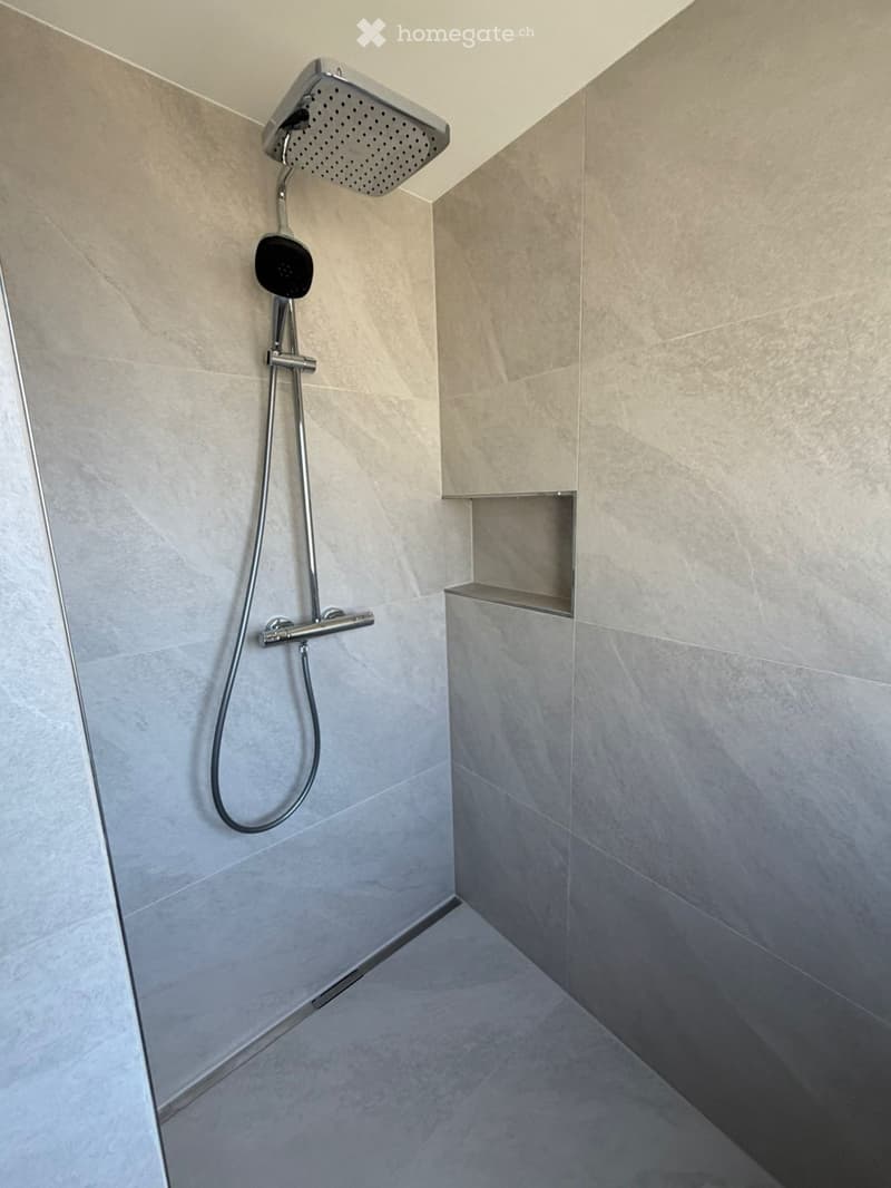 Modern shower area with a handheld showerhead and a fixed overhead showerhead, mounted on light grey tiled walls.