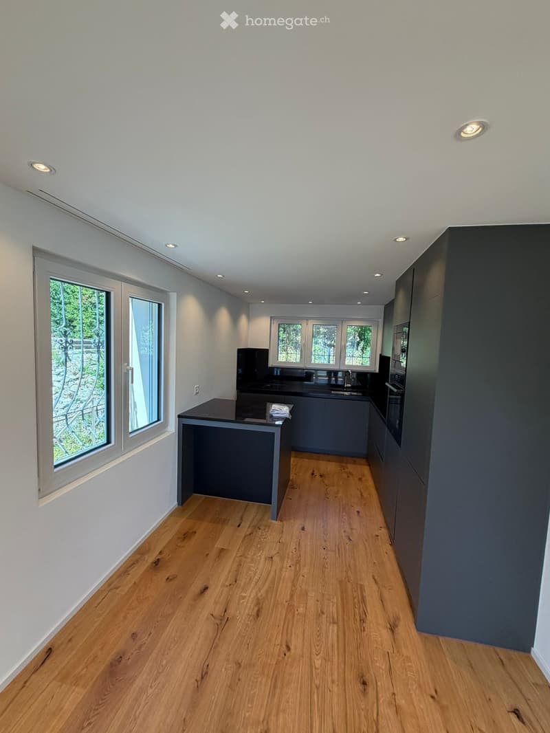 Modern kitchen with wooden flooring, dark grey cabinets, and a black countertop. Features a sink, faucet, and oven, with large windows providing natural light.