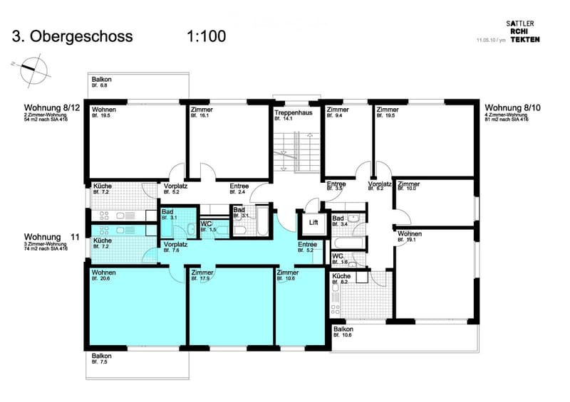 Floor plan of the third floor showing three apartments: a 2-bedroom apartment (54 m2), a 3-bedroom apartment (74 m2), and a 4-bedroom apartment (81 m2). Includes living rooms, bedrooms, kitchens, bathrooms, balconies, and a staircase.
