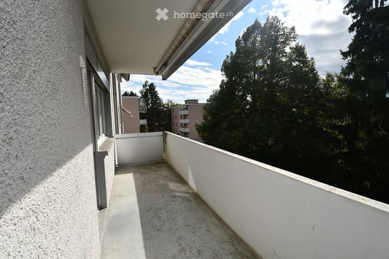 Balcony with white railing, overlooking a green area with trees and buildings in the distance.